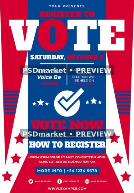 Voter registration flyer in red white and blue with large VOTE lettering, stars and a central checkmark