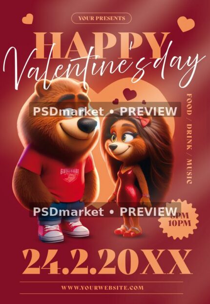 Deep red Valentine flyer with warmly lit illustrated bear couple and floating hearts, shown with two horizontal preview watermarks