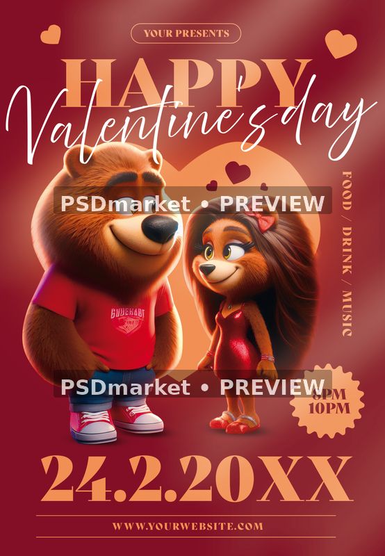 Warm Bear Couple Valentine Party Flyer PSD Template — PSD template preview