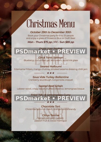 Warm Bokeh Christmas Dinner Menu PSD Template — reduced watermarked source artwork preview