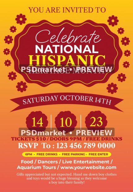 Warm Floral Hispanic Heritage Month Invitation PSD Template — PSD template preview