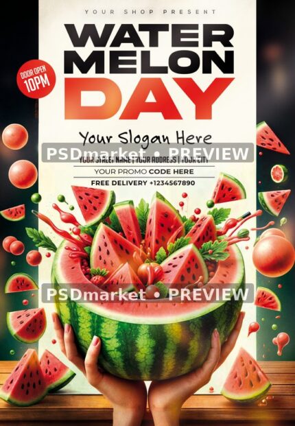 Watermelon Bowl Splash Day Flyer PSD Template — PSD template preview