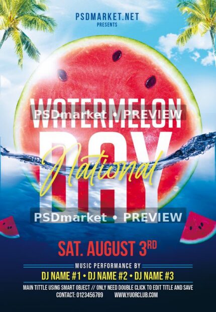 Watermelon Day flyer with a large fruit slice, blue water splash, palm trees and two horizontal PSDmarket preview watermarks