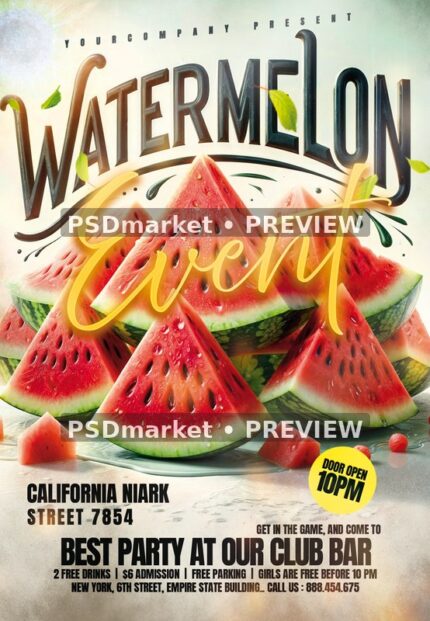 Watermelon Slices Summer Event Flyer PSD Template — PSD template preview