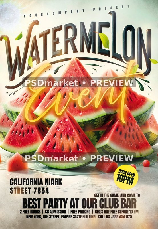 Watermelon Slices Summer Event Flyer PSD Template — PSD template preview