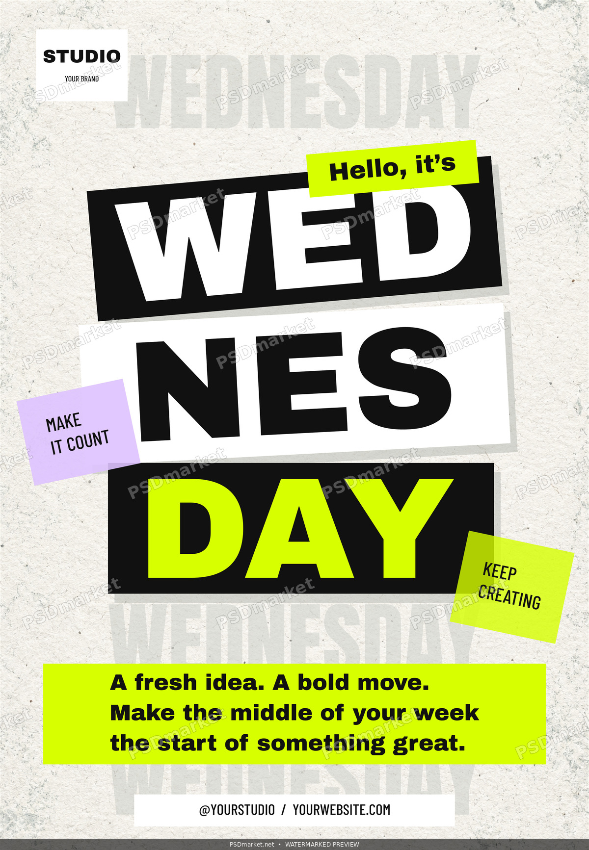 Wednesday Studio typography flyer with stacked black, white and neon-lime word panels and lavender note on textured paper. Protected watermarked preview.