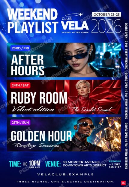 Weekend Playlist editable Photoshop flyer template with PSDmarket preview watermark