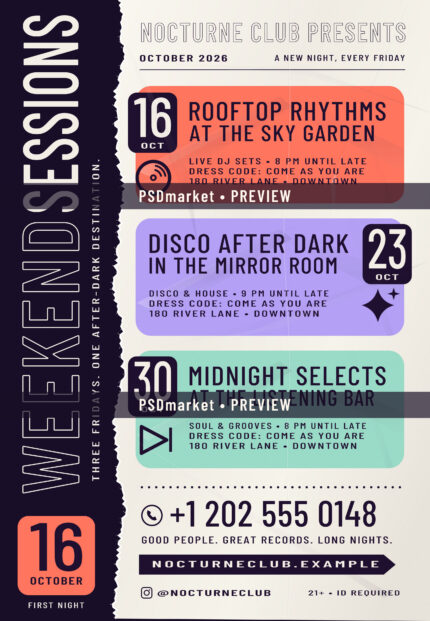 Weekend Sessions Event Schedule Flyer PSD + SVG Vector Template — PSD template preview