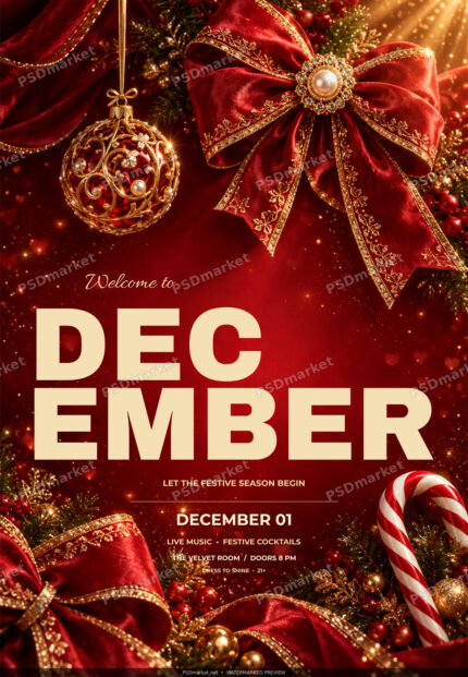 Watermarked Welcome December party flyer with flat warm-ivory DEC EMBER lettering, crimson velvet bow, ornate gold bauble and candy cane