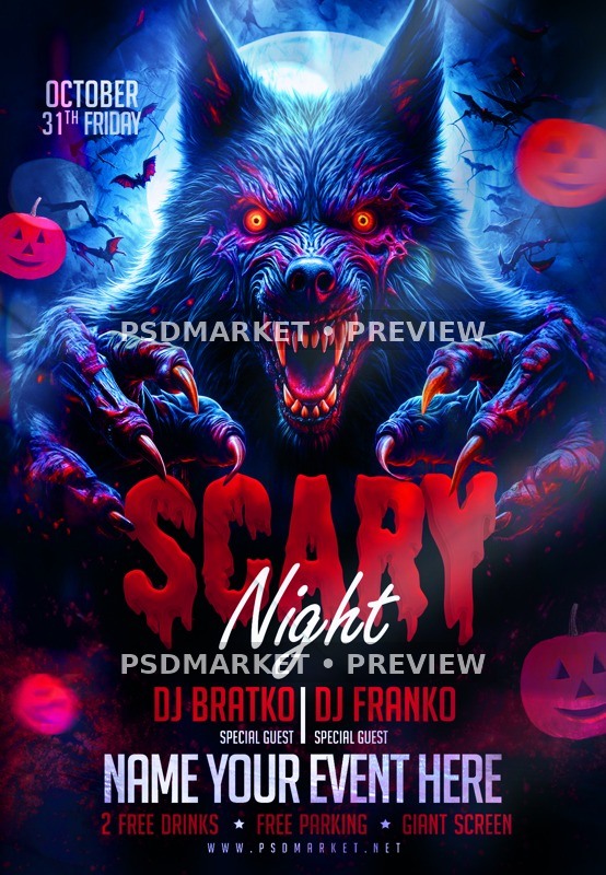 Werewolf Scary Night Halloween Flyer PSD Template — PSD template preview