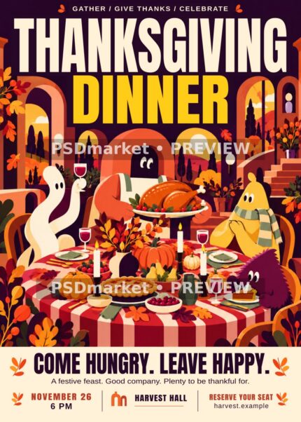 Whimsical Thanksgiving Dinner Flyer PSD & SVG Template with two PSDmarket preview watermarks