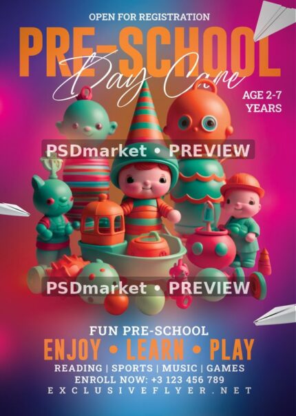 Whimsical Toy Parade Preschool Day Care Flyer PSD Template — PSD template preview