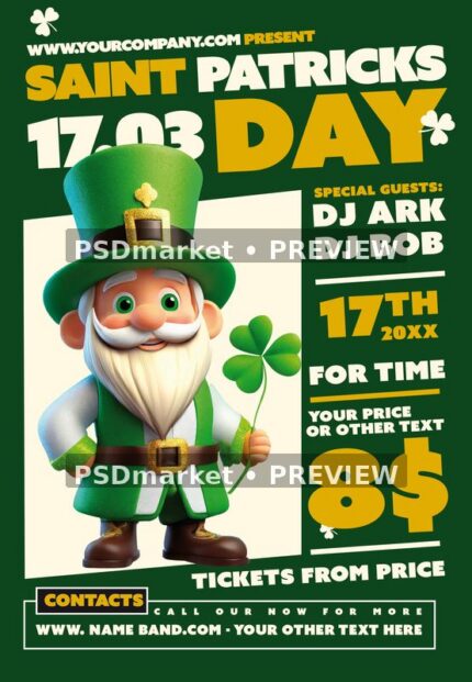 Dark green Saint Patricks party flyer with white-bearded leprechaun and yellow price panel, displayed with two horizontal preview watermarks