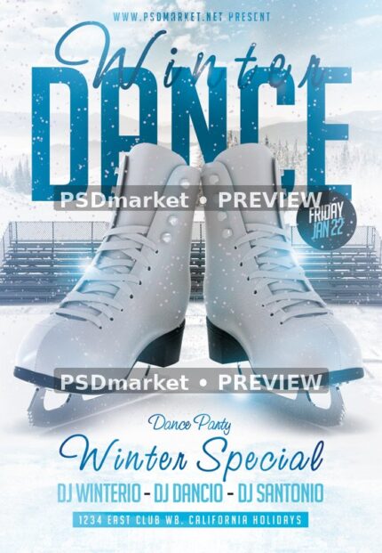 White Ice Skates Winter Dance Flyer PSD Template — reduced watermarked source artwork preview