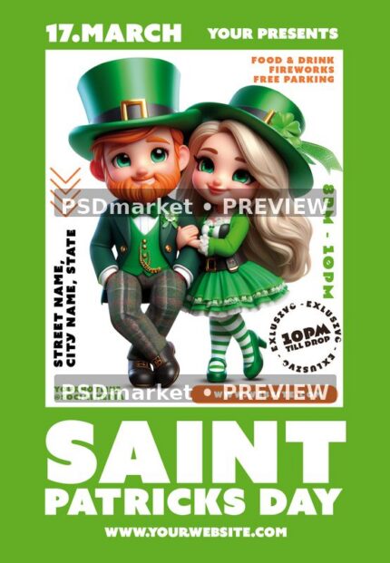 Bright green Saint Patricks Day flyer featuring a cartoon leprechaun couple and bold white headline