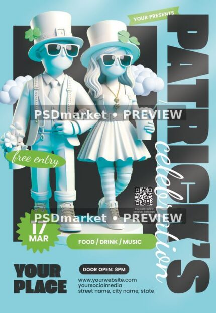 White Suit Leprechaun Couple Celebration Flyer PSD Template — PSD template preview
