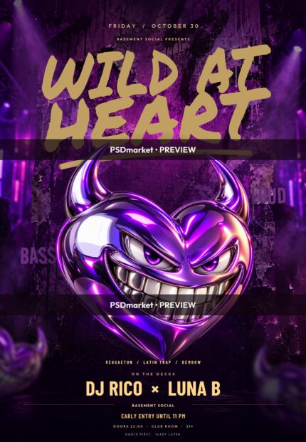 Wild at Heart purple club flyer with a chrome horned heart and gold brush lettering, protected PSDmarket preview.