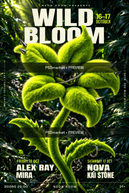 Wild Bloom neon jungle club flyer with a furry green flower, chrome orb, metallic chain, editable event typography and two PSDmarket preview watermark bands.