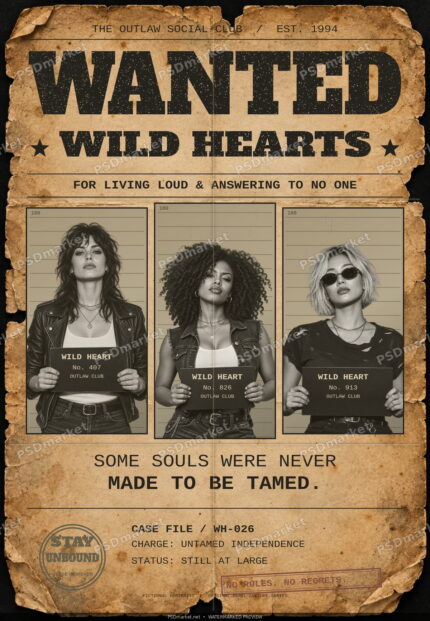 Wild Hearts Wanted vintage poster with three fictional adult portraits, aged paper and distressed black lettering; watermarked preview