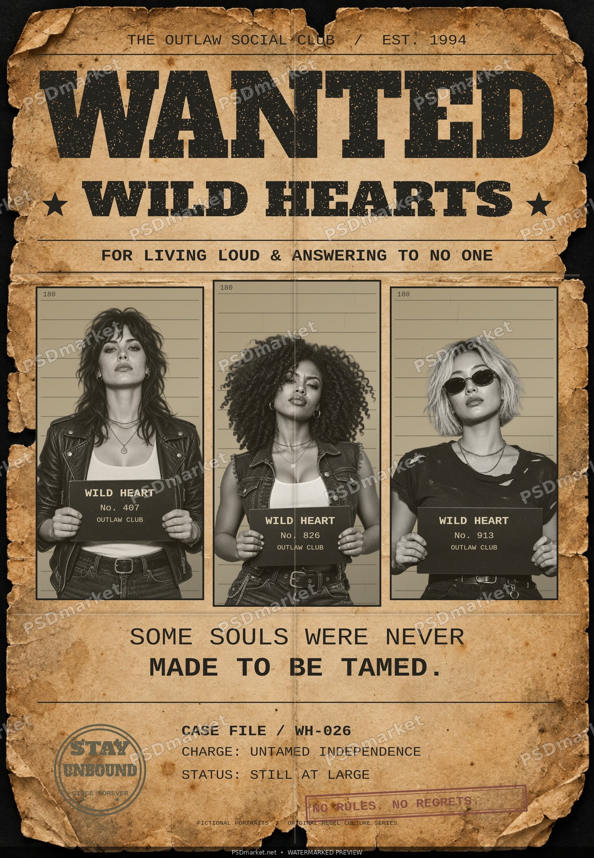 Wild Hearts Wanted vintage poster with three fictional adult portraits, aged paper and distressed black lettering; watermarked preview