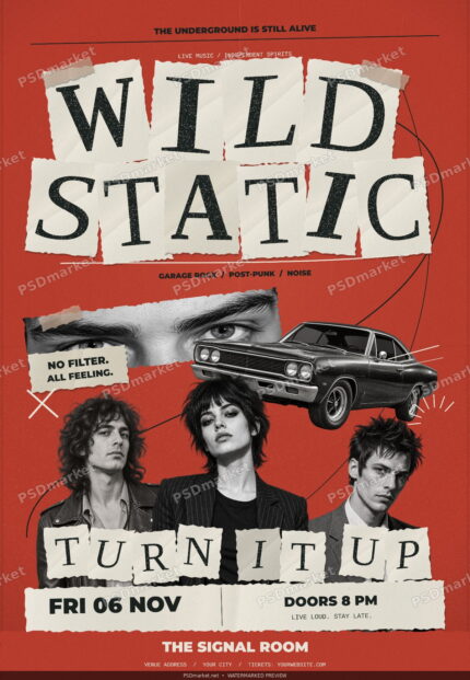 Wild Static punk rock flyer with red and cream torn-paper typography, fictional band portraits, vintage car, and PSDmarket watermarks