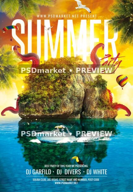 Wild Summer Tentacle Island Party Flyer with two horizontal PSDmarket preview watermarks