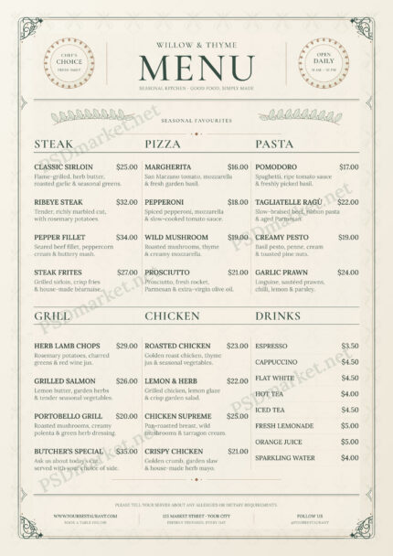 Willow and Thyme elegant restaurant menu template with botanical ornaments, sage typography and editable price columns