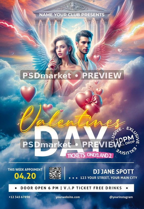 Winged Couple Cloud Temple Valentine Flyer PSD Template — PSD template preview