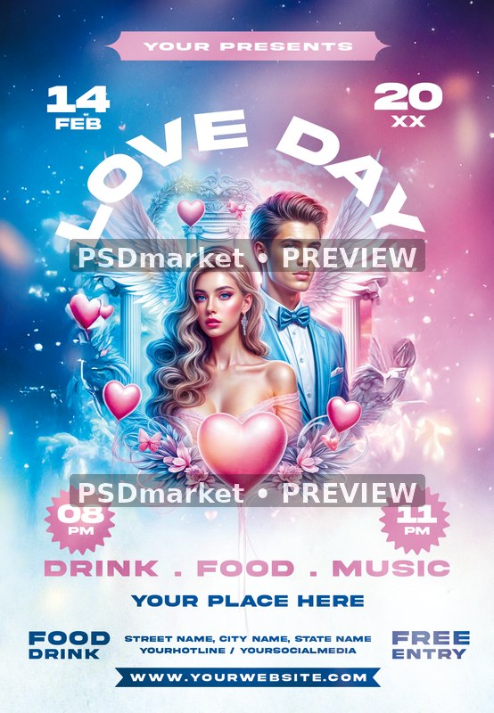 Winged Couple Floral Heart Love Day Flyer PSD Template — PSD template preview