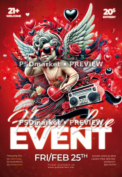 Winged Cupid Boombox Happy Love Flyer PSD Template — PSD template preview