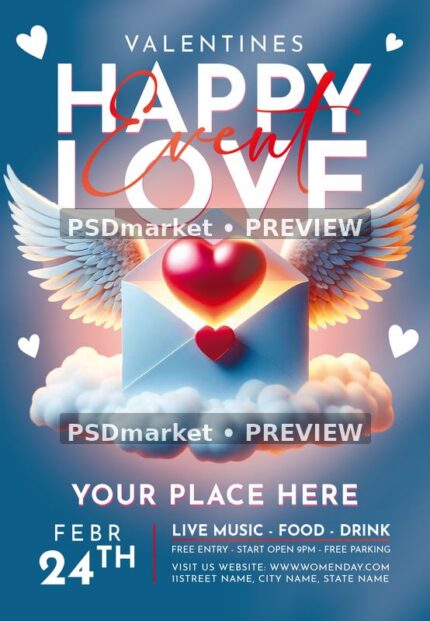 Winged Heart Envelope Love Event Flyer PSD Template — PSD template preview