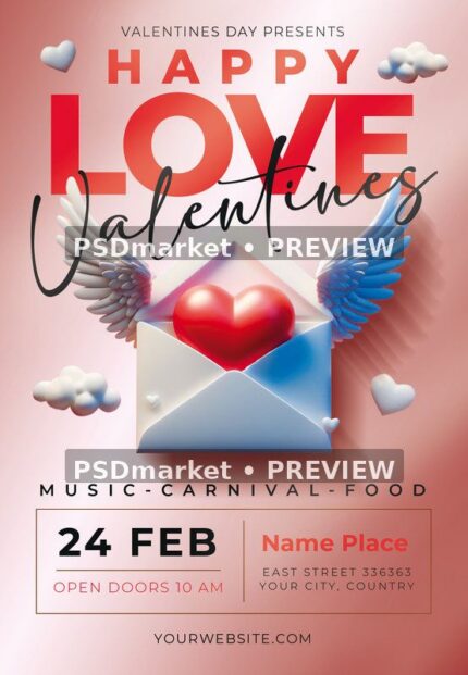 Winged Heart Happy Valentines Love Flyer PSD Template — PSD template preview