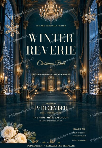 Winter Reverie Christmas Ball invitation with midnight teal ballroom, gold chandelier, snowy windows and ivory roses