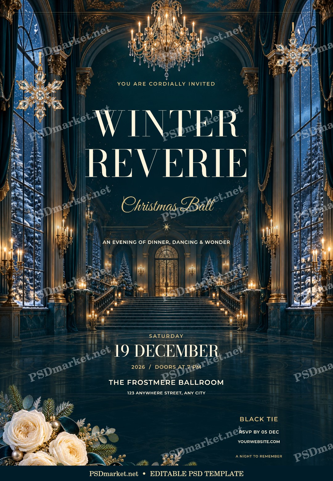 Winter Reverie Christmas Ball Flyer PSD Template — PSD template preview
