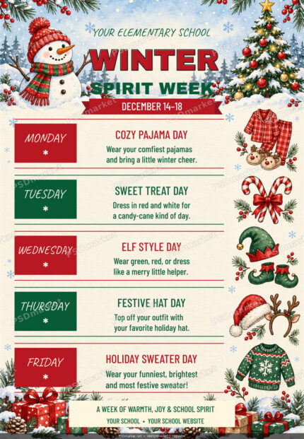 Winter Spirit Week school schedule with snowman, Christmas tree and five red-and-green weekday activity panels.