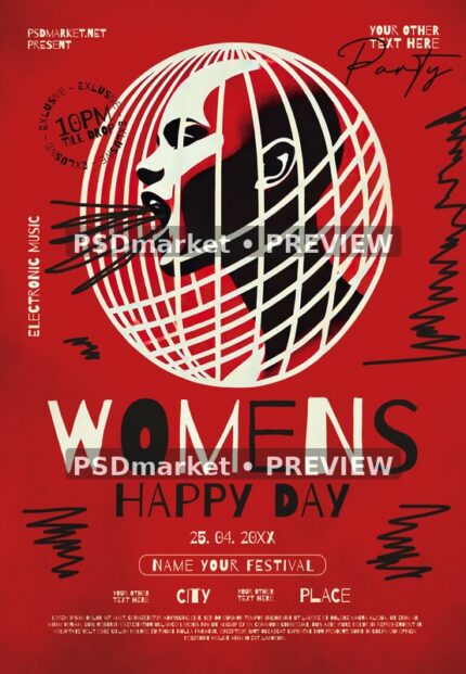 Wireframe Portrait Women's Happy Day Flyer — reduced watermarked source artwork preview