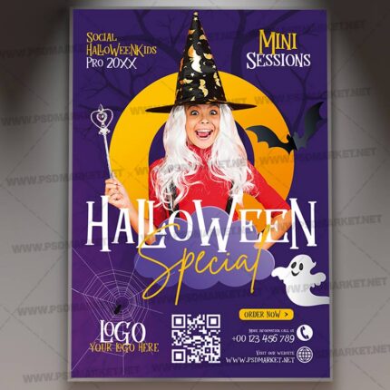 Witch Costume Halloween Mini Sessions Flyer PSD Template — reduced watermarked source artwork preview