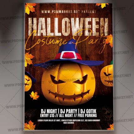 Witch Hat Jack-o-Lantern Halloween Costume Party Flyer PSD Template — reduced watermarked source artwork preview