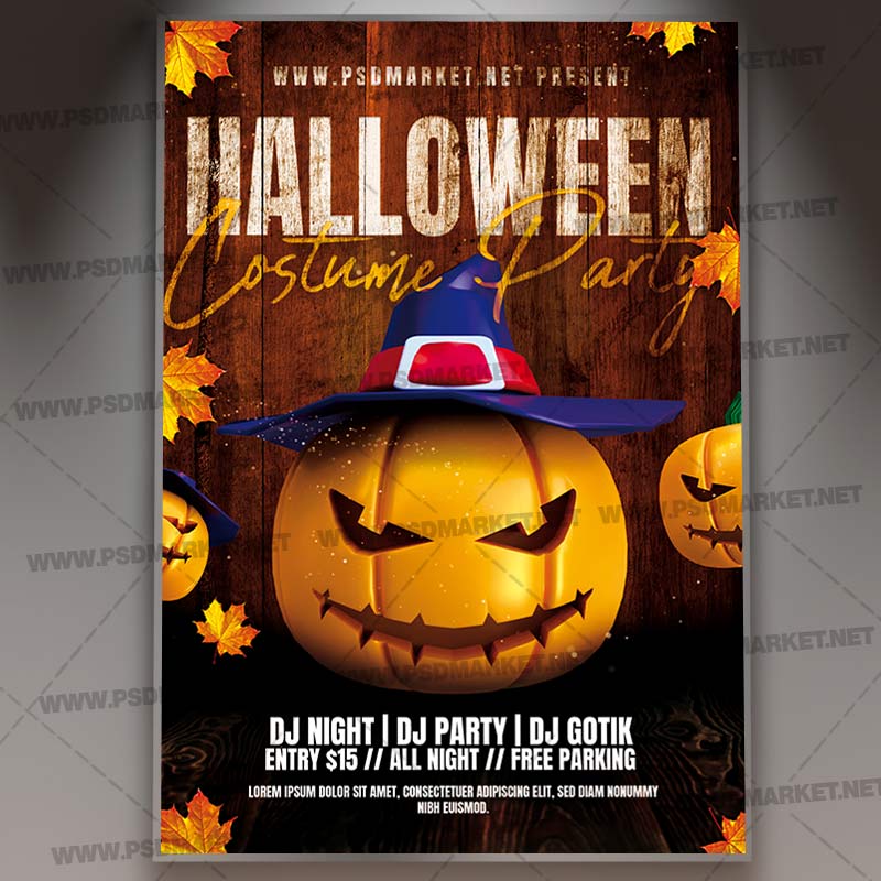 Witch Hat Jack-o-Lantern Halloween Costume Party Flyer PSD Template — PSD template preview