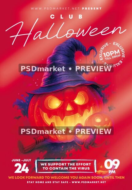 Witch Hat Pumpkin Halloween Club Flyer PSD Template — reduced watermarked source artwork preview