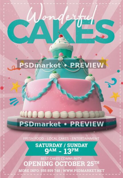 Wonderful Cakes Pink Celebration Flyer with two horizontal PSDmarket preview watermarks