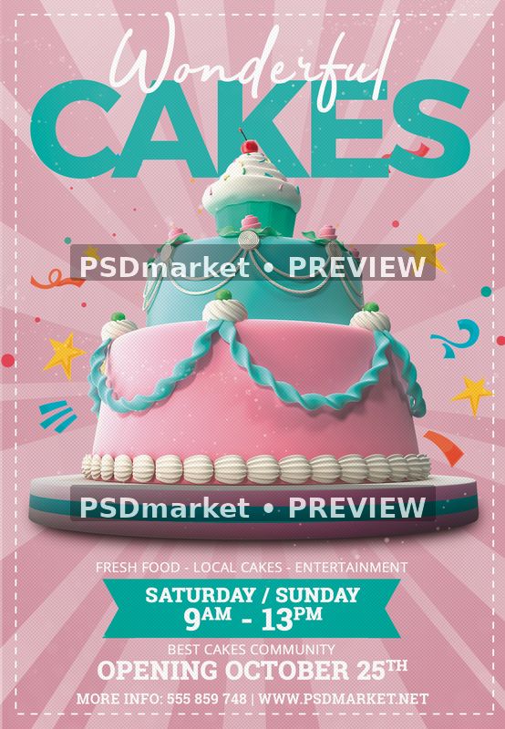 Wonderful Cakes Pink Celebration Flyer PSD Template — PSD template preview