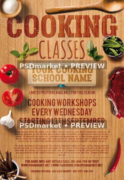 Wooden Board Cooking Classes Flyer PSD Template — PSD template preview