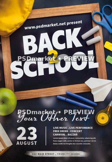 Wooden Chalkboard School Event Flyer PSD Template — PSD template preview