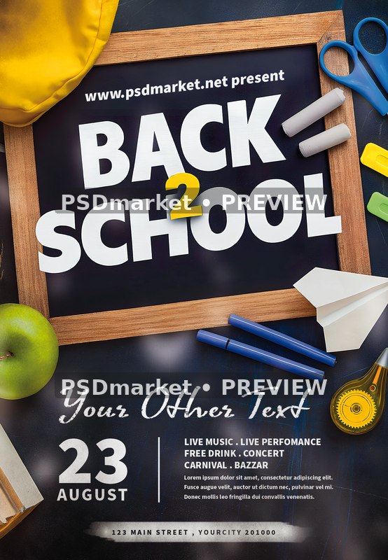 Wooden Chalkboard School Event Flyer PSD Template — PSD template preview