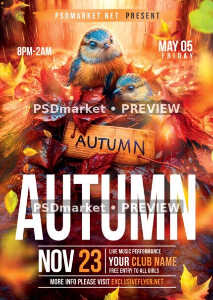 Woodland Birds Autumn Music Flyer PSD Template — PSD template preview