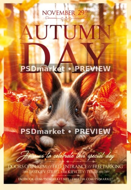 Woodland Rabbit Autumn Day Flyer PSD Template — PSD template preview