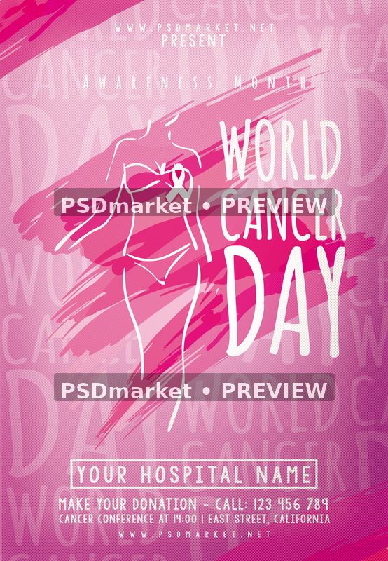 World Cancer Day Pink Ribbon Awareness Flyer PSD Template — PSD template preview