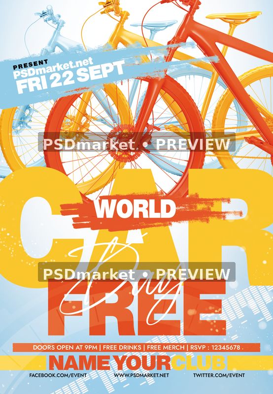 World Carfree Day Colorful Bicycles Flyer PSD Template — PSD template preview
