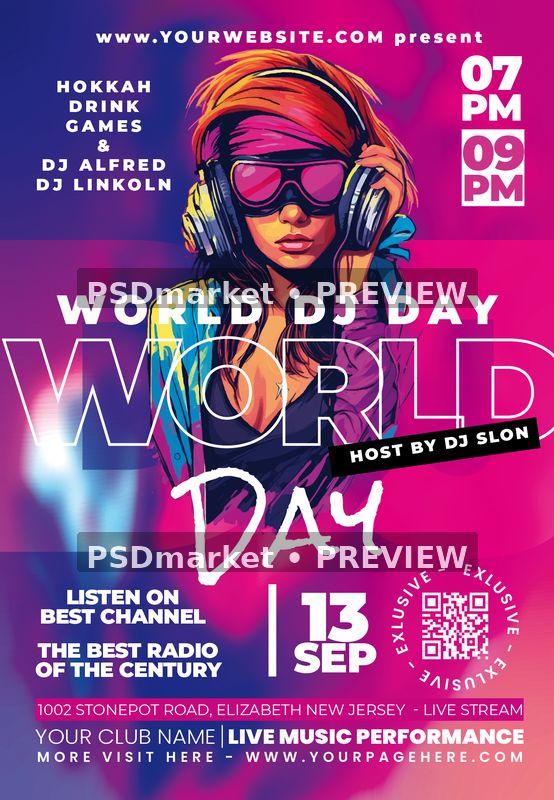 World DJ Day flyer with a colorful headphone-wearing illustration, pink and blue background, white event lettering, and two preview watermarks